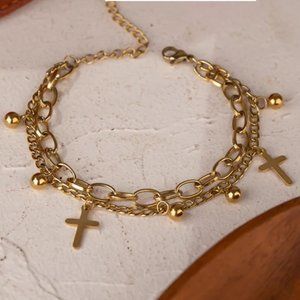 NEW 18K Gold Plated Cross Bead Link Chain Double Layer Bracelet